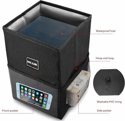 Beicarin Car Trash Can with Lid - Car Trash Bag Hanging with Storage Pockets Collapsible and Portable Car Garbage Bin, Leak-Proof Car Organizer, 1.82 Gallons Multipurpose Trash Bin for Car