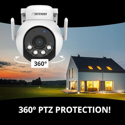 Defender AI Powered 4K Everwatch PTZ Plug in Outdoor Camera, AI Human/Vehicle Detection, WiFi 6/Bluetooth Wireless Camera, Color Night Vision, Deterrence, Mobile App, 2 Pack, Empower App