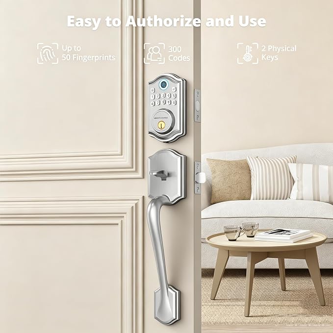 AkaGear Fingerprint Keyless Entry Door Lock Keypad Deadbolt with Handle Set | Smart Lock for Front Door, Front Door Lock Set, Passcode Unlock, 2 Keys, Auto-Lock, Brushed Nickel