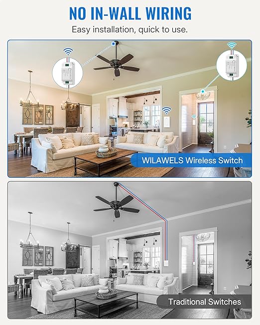 2 Pack Wireless Light Switch and Receiver Kit, WILAWELS Wireless On Off Switches for Ceiling Light, Lamp, Moveable Remote Wall Switch, 100FT Range, No in-Wall Wiring Required, Expandable W06RC11P206