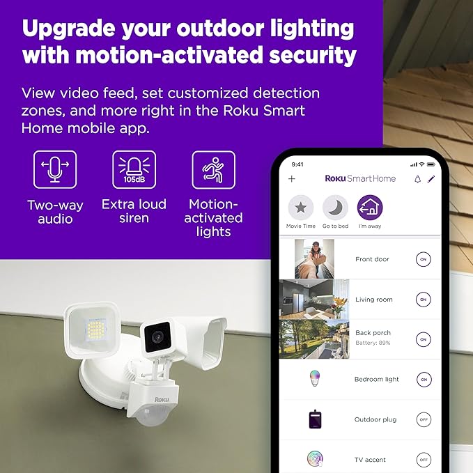 Roku Floodlight Camera for Home Security, Wired Outdoor Security Camera with 270° 1080p HD Night Vision, Dimmable Floodlights, Motion & Sound Detection, Remote Monitoring, 90-Day Subscription Included