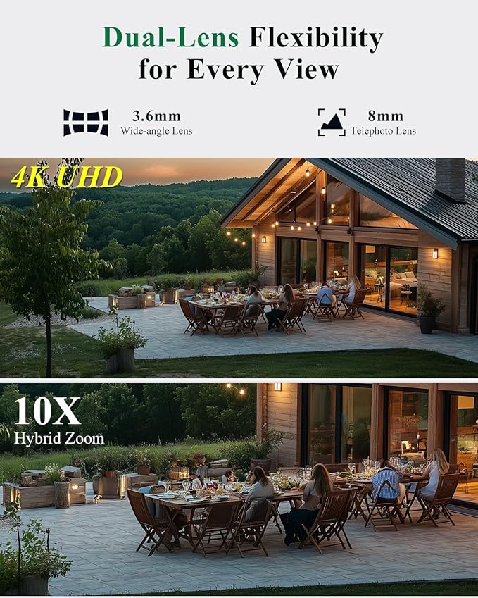 Ctronics [10X Hybrid Zoom] Dual-Lens 4K 8MP Security Camera Outdoor, Auto Tracking & Zoom, 2.4/5GHz WiFi, AI Human/Vehicle/Animal Detection, 256GB TF/Cloud/FTP/NAS Storage, Color Night Vision