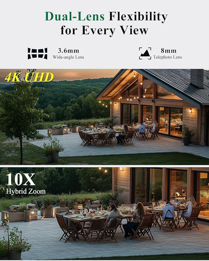 Ctronics [10X Hybrid Zoom] Dual-Lens 4K 8MP Security Camera Outdoor, Auto Tracking & Zoom, 2.4/5GHz WiFi, AI Human/Vehicle/Animal Detection, 256GB TF/Cloud/FTP/NAS Storage, Color Night Vision
