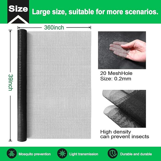 QWR Pet Proof Window Screen Replacement,39''x 360'' Heavy Duty High Hardness Vinyl Coated Wire-Like Mesh,Cat Resistant Screen Mesh for Sliding Door,Patio,Windows(Rolled Package Without Tool Kit)
