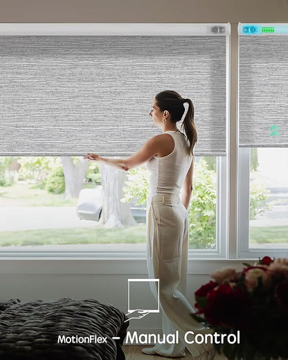 Yoolax Motorized Shades Dual Control, MotionFlex Motorized Roller Shades with App & Manual Control, Pull Down Automatic Shades for Indoor Windows, Custom Size(Light Filtering Foggy Gray)