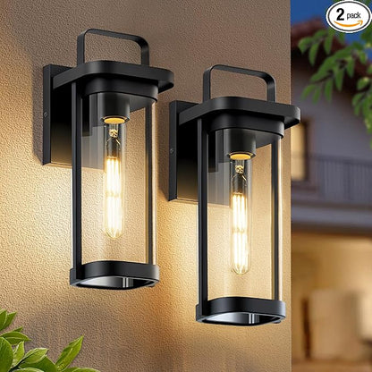 2-Pack Outdoor Wall Lights, Porch Lights, Waterproof Outdoor Wall Sconce Lanterns, Exterior Lighting Fixtures Matte Black with Clear Glass Shade for House Patio Garage Doorway Entryway