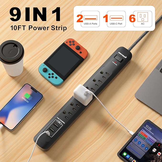 2 Pack Power Strip Surge Protector - 10 Ft Extension Cord with 6 Outlets with 3USB Ports（1 USB C） Port，1875W/15A, Flat Plug, Wall Mount Desk Charging Station for Home Office