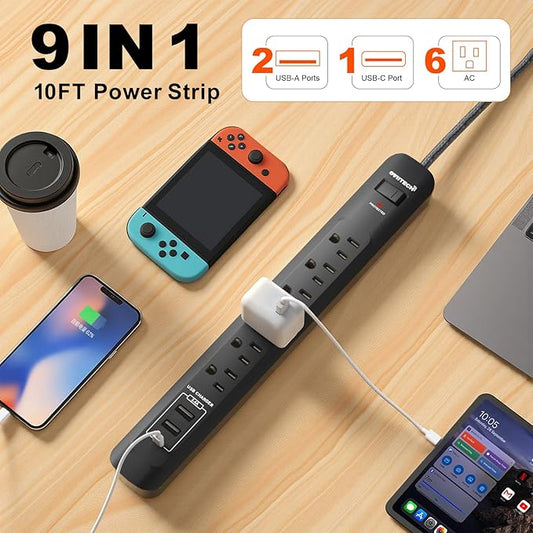 2 Pack Power Strip Surge Protector - 10 Ft Extension Cord with 6 Outlets with 3USB Ports（1 USB C） Port，1875W/15A, Flat Plug, Wall Mount Desk Charging Station for Home Office
