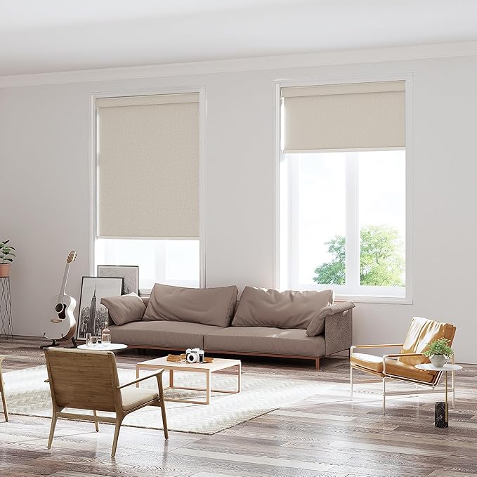 Changshade Custom Size Cordless Roller Shades with Valance, Blackout Roller Shades for Windows Roll-up Fabric Blinds with Thermal Insulated for French Door, Easy Installation Yellowish Beige