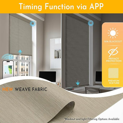 Persilux Smart Motorized Blinds with Remote, No Drill Automatic Roller Shades for Indoor Windows, Light Filtering Linen Fabric, Electric Blinds for Windows, Weave Caribou C162-5, Custom Size