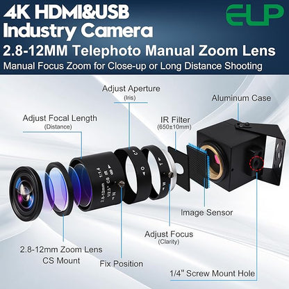 ELP 4K USB HDMI Camera Manual Zoom Webcam - Variable Focus H.264 Telescope USB Security Mini Close-up for Computer - 8mp IMX415 Industrial CCTV (2.8-12mm 4X Zoom Lens)