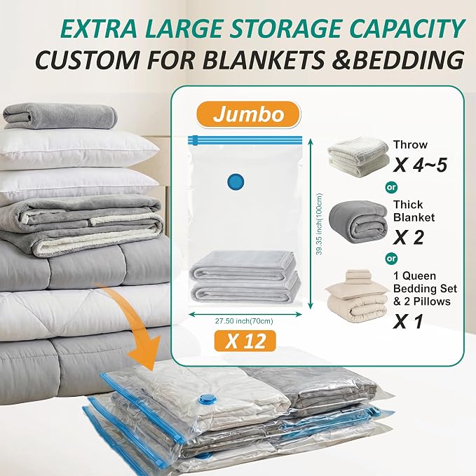 12 Jumbo Vacuum Storage Bags for Blankets & Bedding, Space Saver Bags | Jumbo Capacity for Bulky Bedding; 80% Space-Saving for Blankets, Comforters & Pillows; For Closets & Seasonal Storage