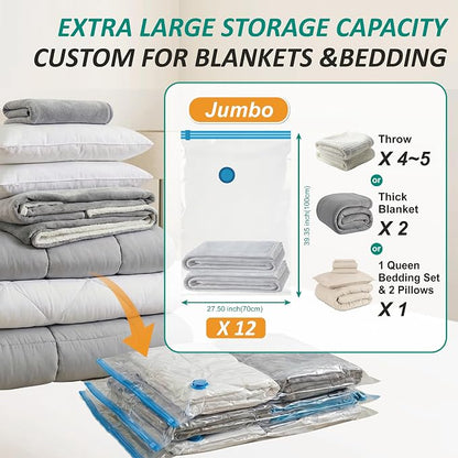 12 Jumbo Vacuum Storage Bags for Blankets & Bedding, Space Saver Bags | Jumbo Capacity for Bulky Bedding; 80% Space-Saving for Blankets, Comforters & Pillows; For Closets & Seasonal Storage