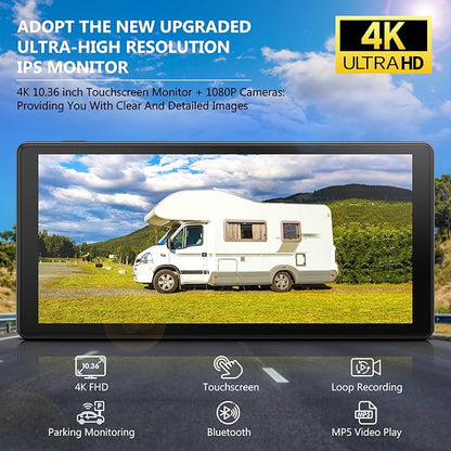 4K RV Backup Camera System 10.36" Quad Split Touchscreen Monitor 4 1080P HD Rear View Cameras DVR Recording Bluetooth Music USB Video Play IP69 Waterproof Night Vision for Trailer RV Truck etc