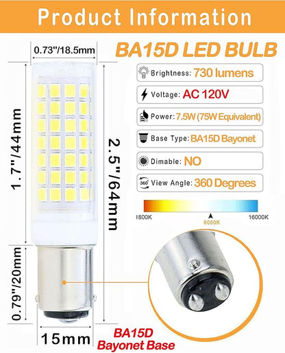 BA15D Led Bulbs 6W Dimmable 120V,B15 Double Contact Bayonet Base,Daylight White 6000K,60W JD Type T3/T4 Halogen Equivalent Replaces for Sewing Machine(2-Pack)