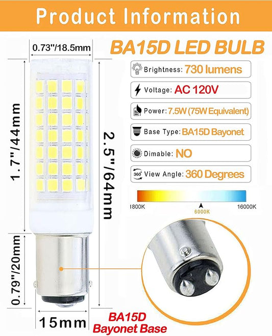 BA15D Led Bulbs 6W Dimmable 120V,B15 Double Contact Bayonet Base,Daylight White 6000K,60W JD Type T3/T4 Halogen Equivalent Replaces for Sewing Machine(2-Pack)