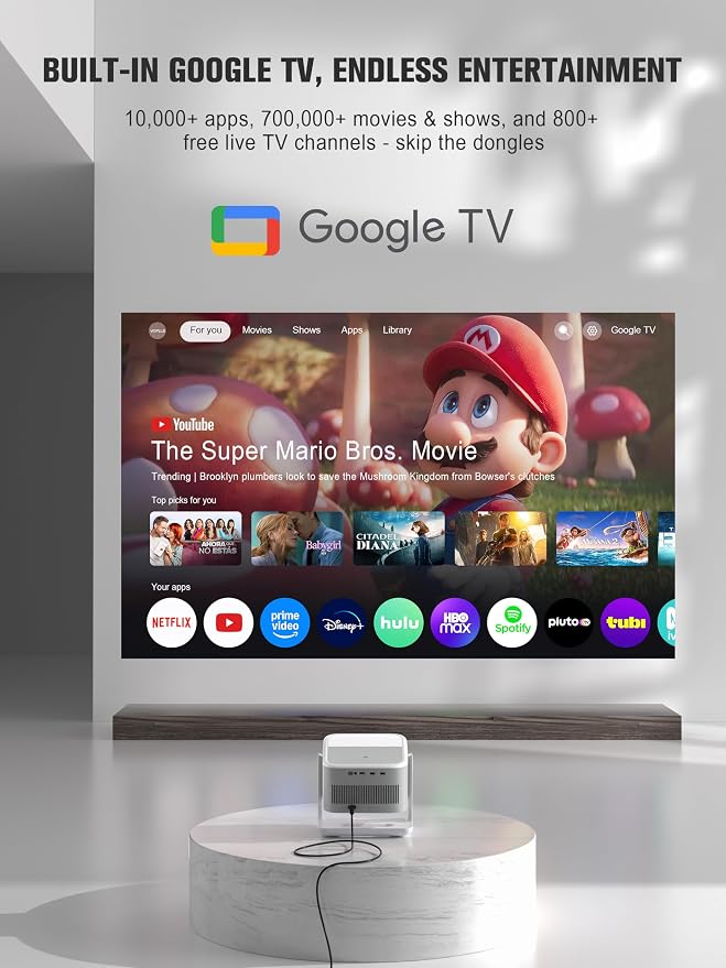 【Official Licensed Google TV】4K Smart Projector with WiFi and Bluetooth, VOPLLS Outdoor Projectors with Dolby/Auto Focus, Portable Movie Phone Wireless Gaming Wifi Proyector for Bedroom/Home/Ceiling
