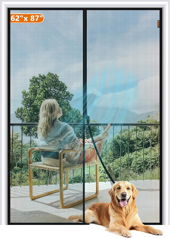 MAGZO Magnetic Screen Door Fit Door Size 62 x 87 Inch, Screen Size 64" x 88" Strong Magnet French Style Mesh, Heavy Duty Fiberglass Mesh with Hook & Loop for Sliding Entrance, Gray