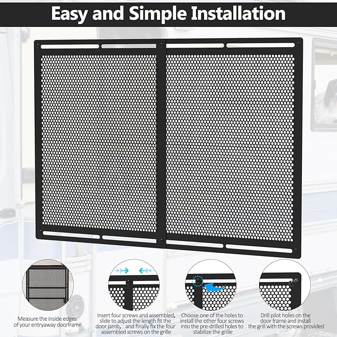 RV Entry Screen Door Grille,Upgraded Adjustable 16-32 in Width, 21.25 in Height, Metal Entry Screen Door Protector,Camper Screen Door Grill,RV Door Defender