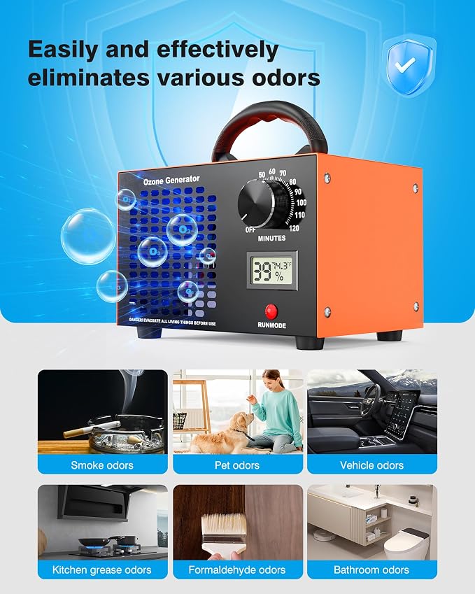 Ozone Generator - 120,000 mg/h Ozone Generator for Large Spaces up to 5000 Sq.Ft, Air Purifier with Temp & Humidity Display, 120-Min Timer, Ozone Machine for Cars, Homes, Hotels, Kitchens & Pet Areas