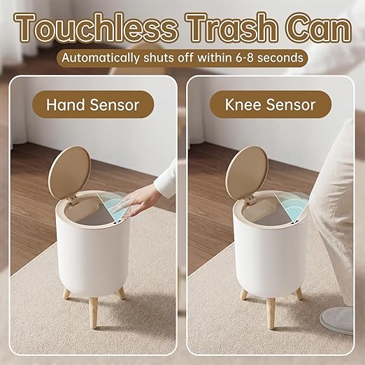 Motion Senor Bathroom Trash Can with Lid, 2.38 Gal Mini Garbage Can, Smart Automatic Touchless Open, Round Decorative Trashcan with legs and Wood Grain Top, for Kitchen Bedroom Office, Plastic, White