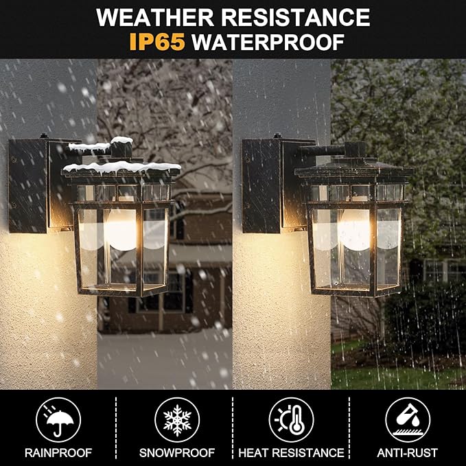 Outdoor Wall Lantern with GFCI Outlet, Dusk to Dawn Outdoor Lighting with Clear Glass Shade, Waterproof Outside Porch Lights for House Garage Front Door, Bulb Included (Black with Brushed Gold)