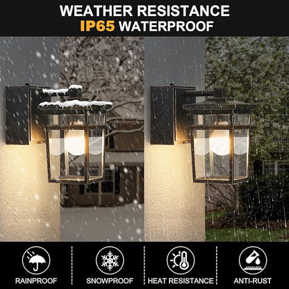 Outdoor Wall Lantern with GFCI Outlet, Dusk to Dawn Outdoor Lighting with Clear Glass Shade, Waterproof Outside Porch Lights for House Garage Front Door, Bulb Included (Black with Brushed Gold)