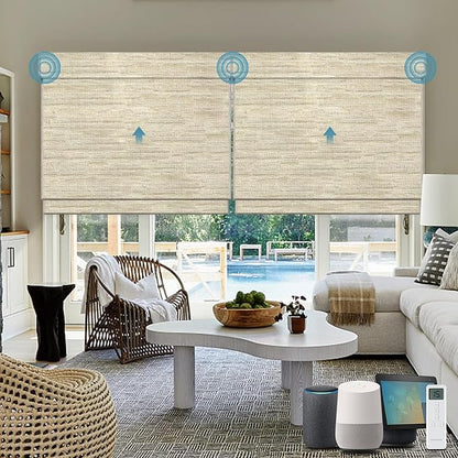 Motorized Roman Shades, Woven Woods Shades, Work with HomeKit/Alexa/Google Home, Cordless, Custom Size, Crocheting Kenaf