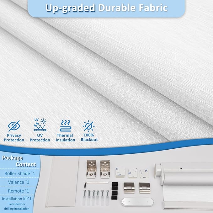 Smart Motorized Blinds with Remote, Cordless No-Drill Automatic Roller Shades, Blackout Electric Blind for Windows, White, 30.5 x 72