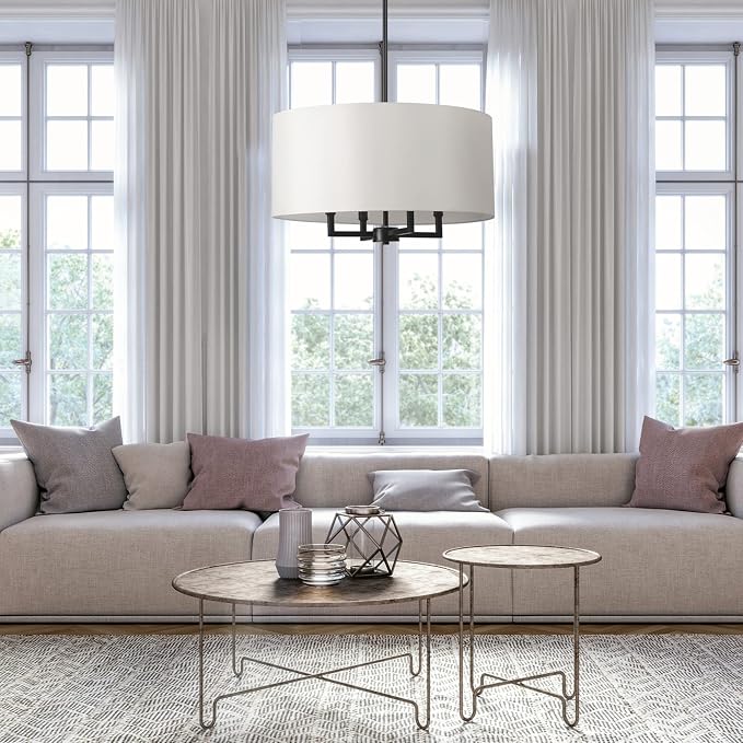 Globe Electric 67000065 4-Light Chandelier, Matte Black, Beige Fabric Shade, Modern Hanging Light for Kitchen Island, Dining Room Table or Hallway, Candelabra Base, Dimmer Switch Compatible