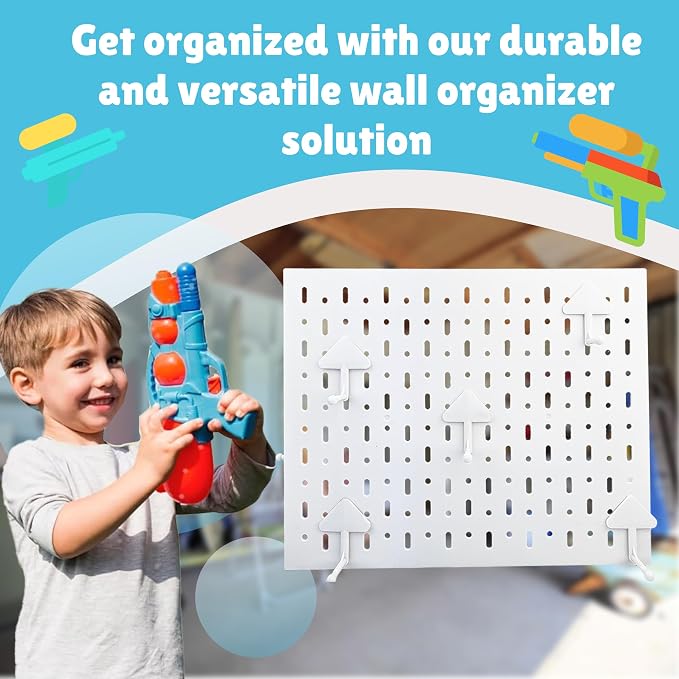Peg Board for Nerf Gun Storage Organizer - 14.2 x 8.5 x 11 In - White | ABS Plastic Hanging Holder Compatible with All Blasters Nerf Gun Rack Organizer for Wall Organization with 10 Triangle Hooks