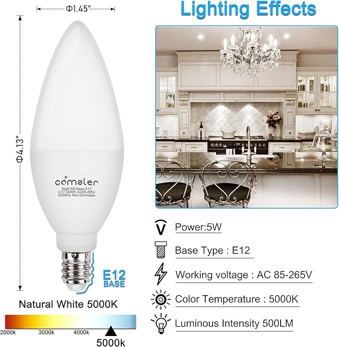 comzler E12 LED Candelabra Bulb, 60 Watt Equivalent Ceiling Fan Light Bulbs, Daylight 5000K LED Chandelier Light Bulbs, Candle Bulb Small Base for Chandelier, Non Dimmable, Pack of 8