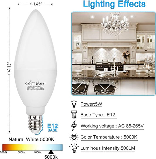 comzler E12 LED Candelabra Bulb, 60 Watt Equivalent Ceiling Fan Light Bulbs, Daylight 5000K LED Chandelier Light Bulbs, Candle Bulb Small Base for Chandelier, Non Dimmable, Pack of 8