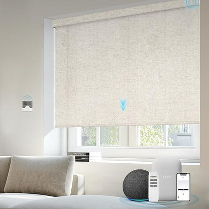 Motorized Light Filtering Shades Compatible with Alexa Google Smart Blinds Automatic Window Shade Remote Control 70% Blackout Linen Beige