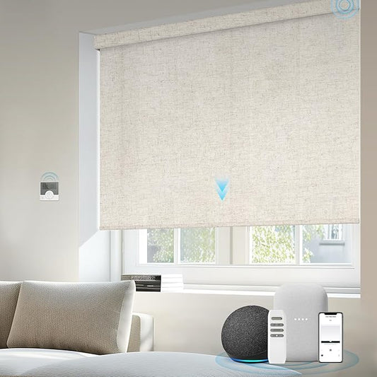 Motorized Light Filtering Shades Compatible with Alexa Google Smart Blinds Automatic Window Shade Remote Control 70% Blackout Linen Beige