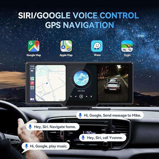 1080p Backup Camera with 10.26” Portable Carplay & Android Auto Touch Screen, Wireless Car Stereo, 4K Dash Cam, Bluetooth/GPS Navigation/Mirror Link/Voice Control/Loop Recording, 64GB TF Card Included