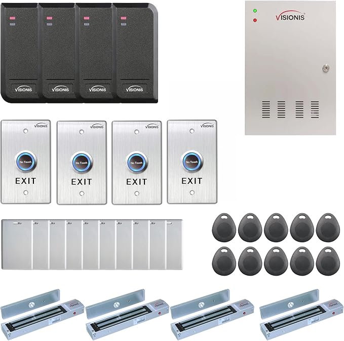 Four Doors Access Control TCP/IP Wiegand for Out Swing Electric 600lbs MagLock Controller Box + Indoor/Outdoor Card Reader + Software Included + 20,000 Users Kit - Visionis FPC-6205