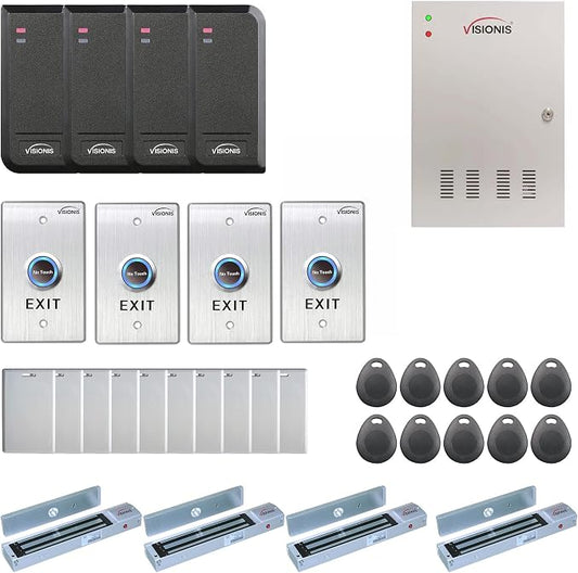 Four Doors Access Control TCP/IP Wiegand for Out Swing Electric 600lbs MagLock Controller Box + Indoor/Outdoor Card Reader + Software Included + 20,000 Users Kit - Visionis FPC-6205