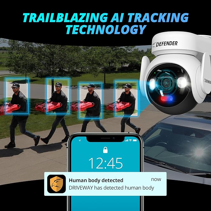 Defender Solar Powered 4K AI Guard Ultra-Charge PTZ Wireless WiFi Security Camera, 64GB SD Card, 5W Solar Panel, 10,000 mAH Battery, 24/7 Recording, AI Tracking, Two-Way Talk, Works with Guard App