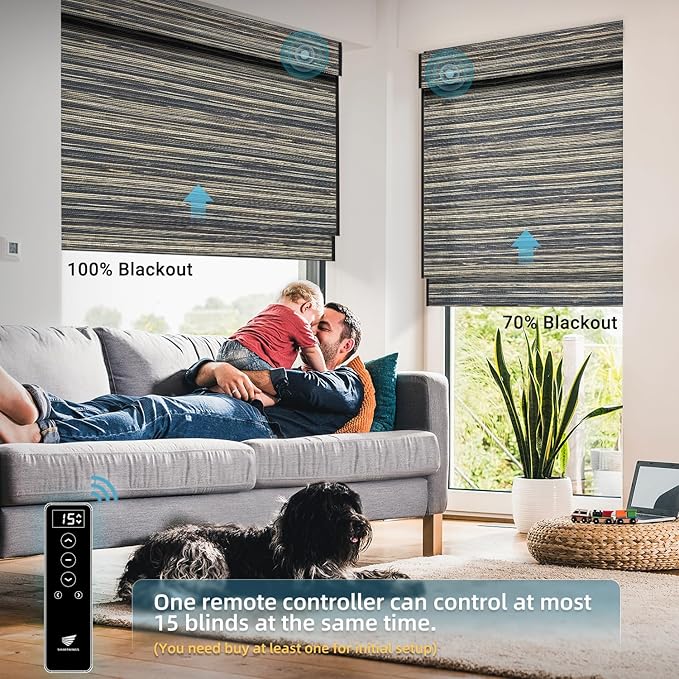 SmartWings Motorized Natural Woven Wood Shades Work with Matter Thread Homekit Z-Wave Alexa Google, 50%/70%/100% Blackout Electric Auto Roman Shades Cordless Remote Control Customized, Bamboo 026