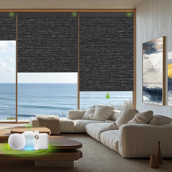 Motorized Blinds with Remote，100% Blackout Smart Blinds Motorized Roller Shades Compatible with Alexa Automatic Blinds for Windows Electric Window Blinds Customized Size Midnight