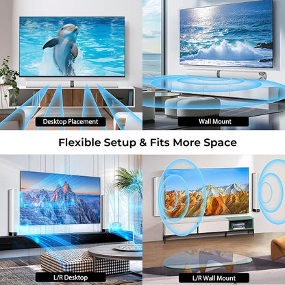 Sound Bar for Smart TV, 80W Soundbar with Bluetooth/ARC/Opt/AUX Connect, Auto Volume Boost, 3 Equalizer Modes, 2 in 1 Detachable Soundbar for TV/PC/Gaming/Projectors