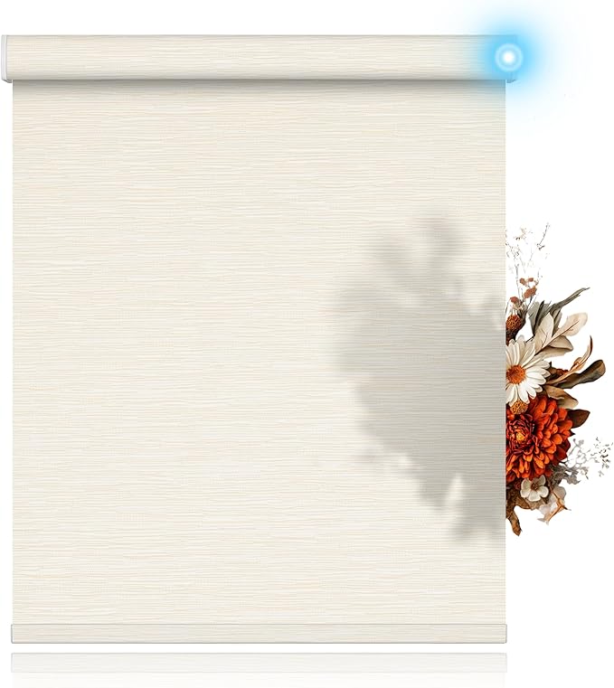 BERISSA Motorized Blinds with Remote,Light Filtering Smart Blinds for Windows,Jacquard Fabric,Remote Control,Thermal Insulated Automatic Blinds,Electric Blinds with USB/Solar Pannel.Beige