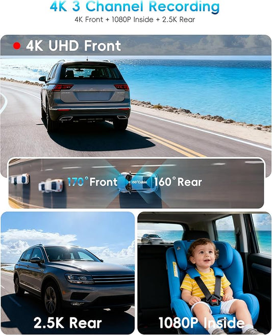 2026 12'' 4K Rear View Mirror Camera with STARVIS 2 Sensor,4K+2.5K Front and Rear Mirror Dash Cam+1080P Inside Car Camera for Baby,WiFi,GPS,APP,Free 128G SD Card,Dash Camera for Cars Safety