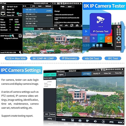 Rsrteng CCTV Camera Tester, 8K 32MP IP Camera Tester with POE++ Max 90W 8MP CVI TVI AHD SDI CVBS Camera Tester 7inch IPS Touch Screen CCTV Tester Support SFP, WiFi HD IPC Tester IPC-9800ADHS Pro