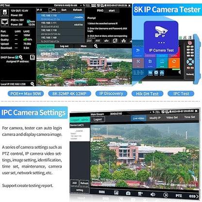 Rsrteng CCTV Camera Tester, 8K 32MP IP Camera Tester with POE++ Max 90W 8MP CVI TVI AHD SDI CVBS Camera Tester 7inch IPS Touch Screen CCTV Tester Support SFP, WiFi HD IPC Tester IPC-9800ADHS Pro