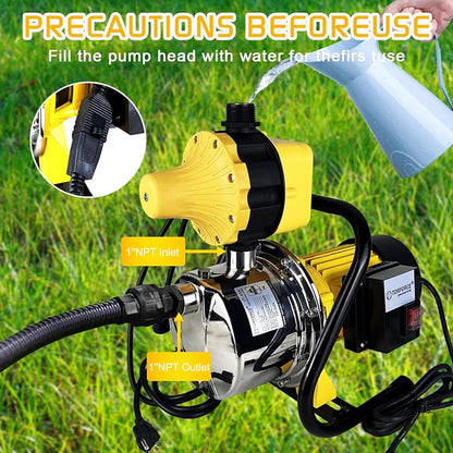 1HP Water Pressure Booster Pump for Home, 1080GPH Smart Control Shallow Well Jet Pump, Stainless Steel Automatic On/Off Sprinkler Pump, 115V Self-Priming Pump for Whole House, Garden, Irrigation