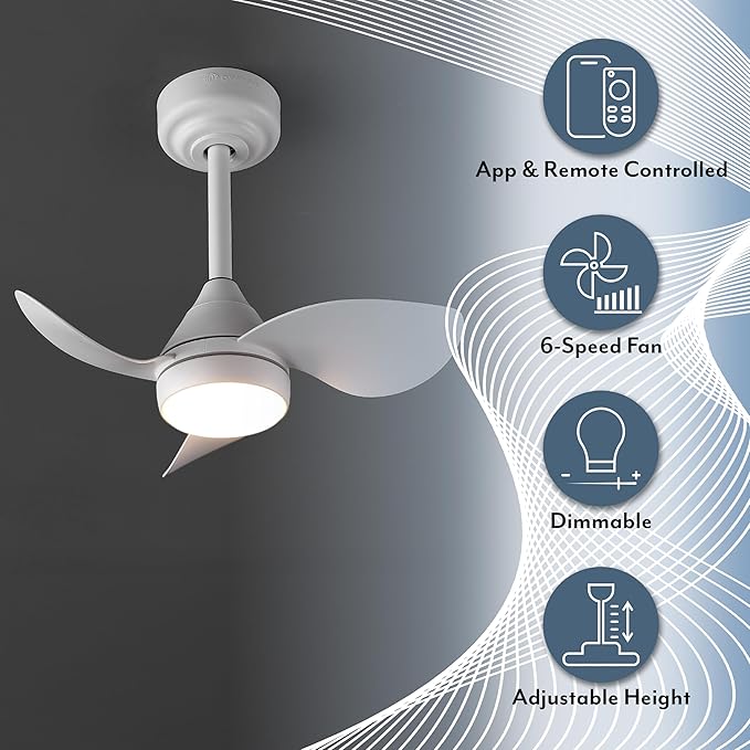OVAL AIR AIR8000B Albini 22" Contemporary Minimalist 6-Speed Metal Mobile-App/Remote-Controlled Dimmable Smart Integrated LED Ceiling Fan for Living Room, Bedroom, Office, Frost White