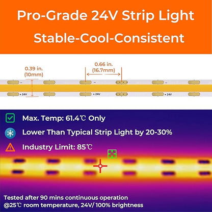 Candlelight COB LED Strip Lights 2400K, 5W/FT, 16.4FT 24V LED Tape Light with 3M VHB Backing, CRI 95, UL Listed, Cuttable, Dimmable, Bendable for Bars, Restaurants, Relaxing (NO Power Supply)