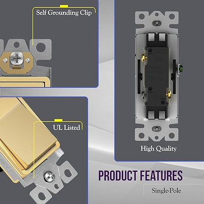 ENERLITES 3-Way Decorator Paddle Light Switch, Gloss Finish, Single Pole or Three Way, 3 Wire, Grounding Screw, Residential Grade, 15A 120V/277V, UL Listed, 93150-GD, Gold